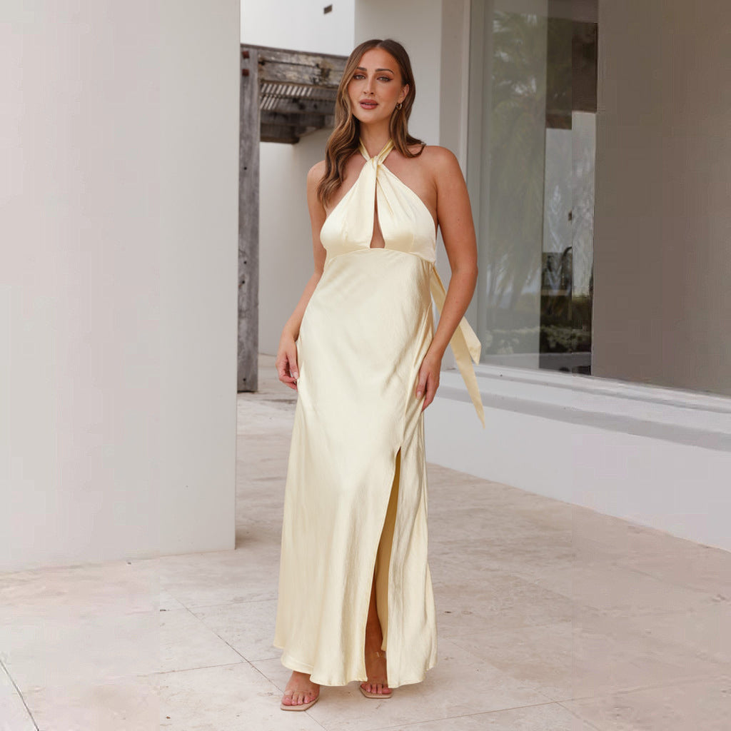 Women Clothing Sexy Solid Color Split Midi Dress Halter Backless Maxi Dress Women Pale Yellow