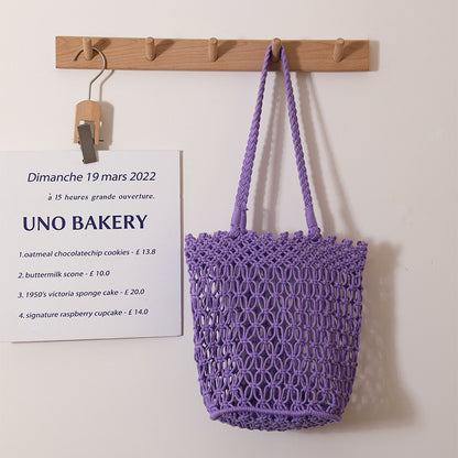 Hollow Out Cutout Shoulder Cotton Thread Woven Bag Lace Straw Bag Vacation Beach Bag Women Bag One Size Purple