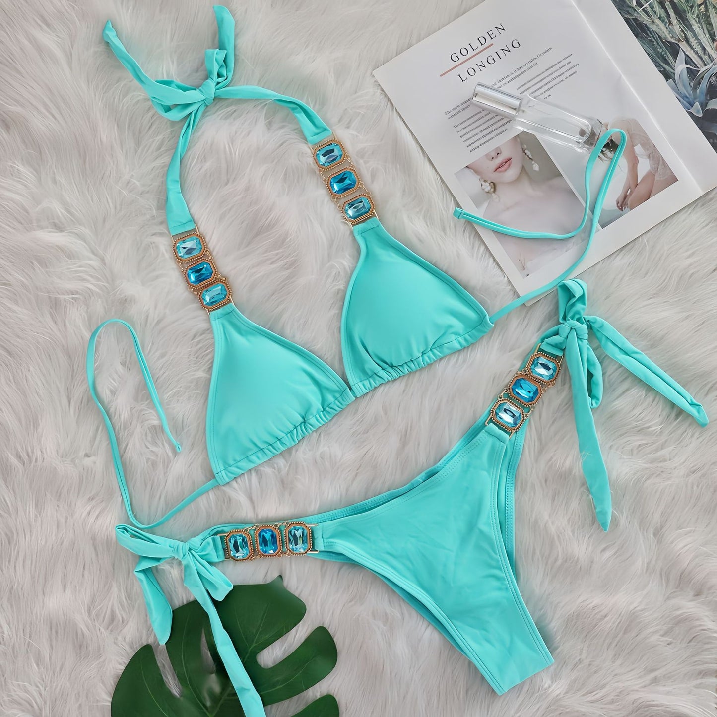 Crystal Diamond Bikini Sexy Women Split Bandage Swimsuit Beach Vacation Swimsuit Emerald
