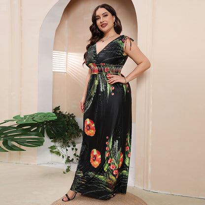 Plus Size Girls Ice Silk Printed Dress Bohemian plus-Sized V neck Maxi Dress