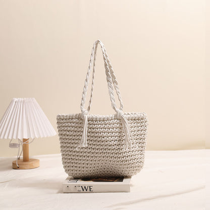 Tassel Shoulder Cotton Thread Woven Bag Solid Color Straw Bag Vacation Beach Bag Casual Women Bag One Size Bean Bag Tassel Rice