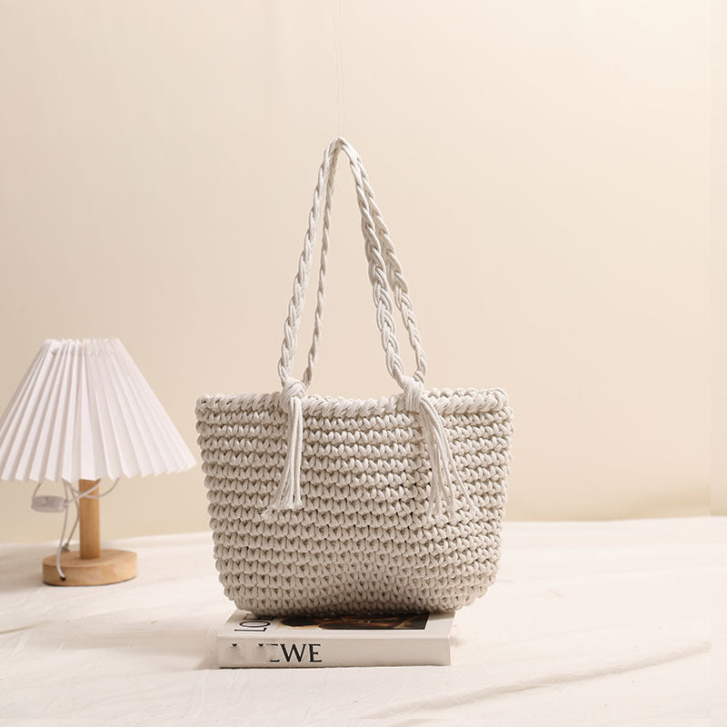 Tassel Shoulder Cotton Thread Woven Bag Solid Color Straw Bag Vacation Beach Bag Casual Women Bag One Size Bean Bag Tassel Rice