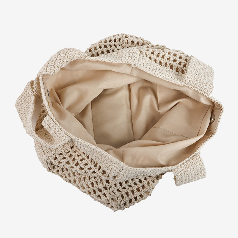 Casual Large Capacity Cotton Thread Woven Bag Hollow Out Cutout Straw Bag Seaside Vacation Beach Bag Mesh Shoulder Bag