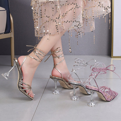 Wine Cup Heel Summer Strap Sandals Thin Cross Straps High Heel Roman Shoes