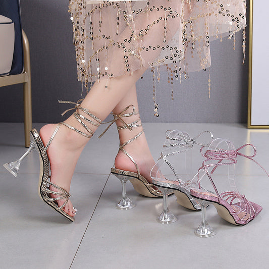 Wine Cup Heel Summer Strap Sandals Thin Cross Straps High Heel Roman Shoes