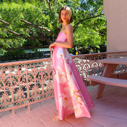 Satin Evening Dress - Strapless High Waist Floral Print Tube Top Dress White flower in pink