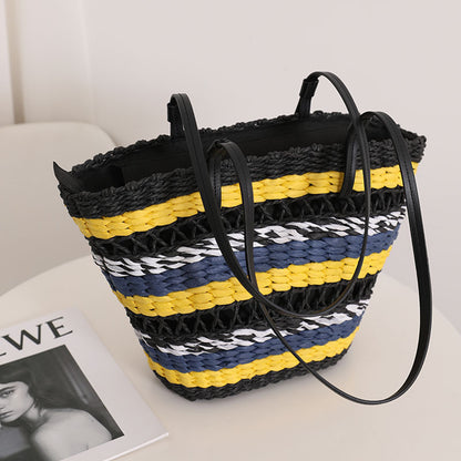 Hollow Out Cutout Straw Bag Vintage Stripe Portable Straw Bag Woven Bag Seaside Vacation Beach Bag Shoulder Bag One Size Striped Color Matching Hollow out Yellow without Lining