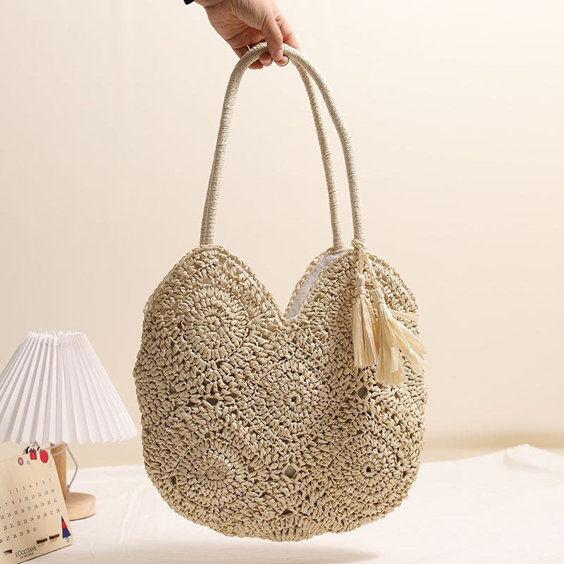 Hollow Out Cutout Tassel Straw Bag Large Capacity Shoulder Woven Bag Vacation Beach Bag Women Bag