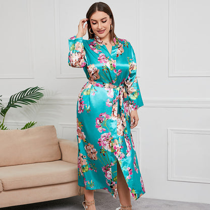 Plus Size Women Artificial Silk Satin Long Sleeved Pajamas Plump Girls Wearable Home Green