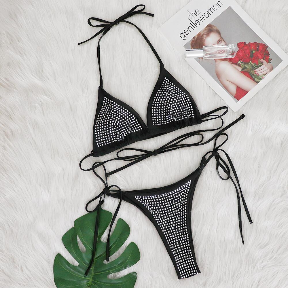 Sexy Rhinestone Bikini Split Solid Color Lace up Swimsuit Beach Vacation Women Swimsuit Black