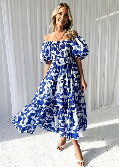 Women Clothing Elegant Floral Print off Shoulder Puff Sleeve Dress Women Dark blue printing