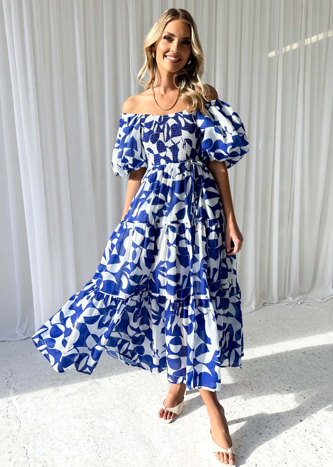 Women Clothing Elegant Floral Print off Shoulder Puff Sleeve Dress Women Dark blue printing