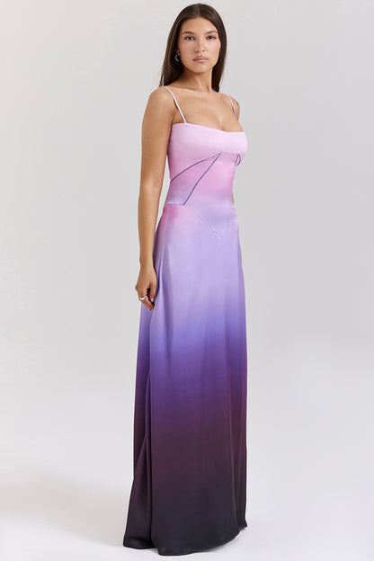 Women Wear Sexy Sling Dress Slim Fit Backless Maxi Dress Women Evening Dress Purple Gradient