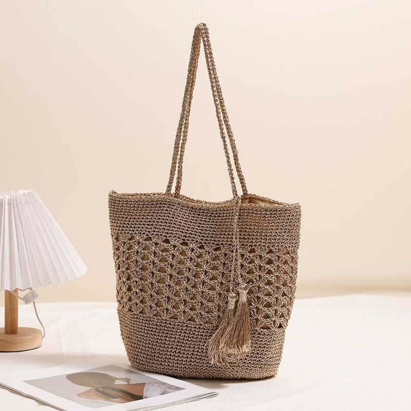Large Capacity Hollow Out Cutout out Straw Bag All Matching Tassel Woven Bag Women Vacation Beach Bag Casual Shoulder Bag