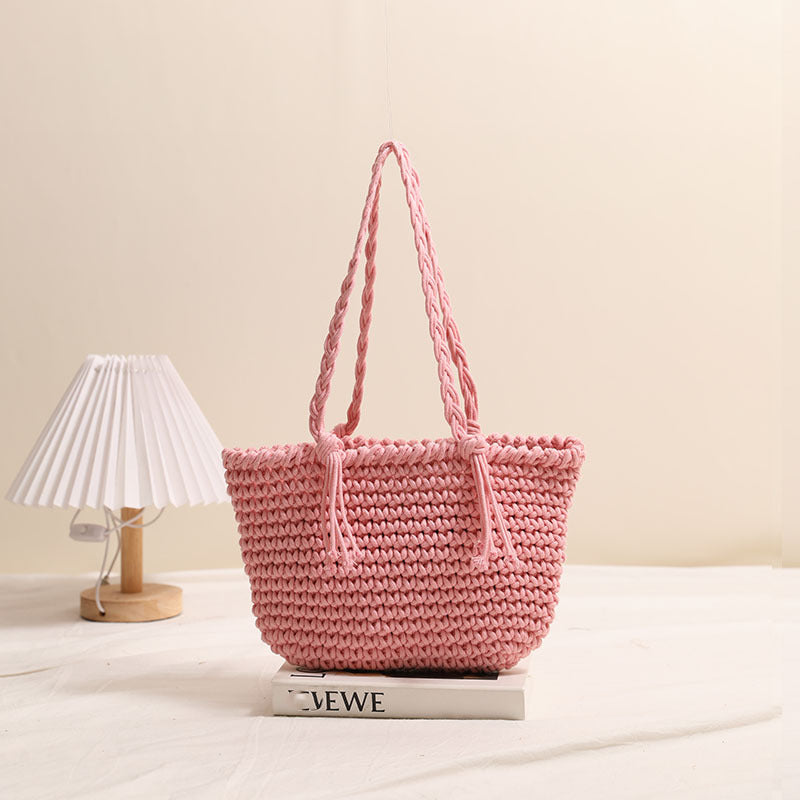 Tassel Shoulder Cotton Thread Woven Bag Solid Color Straw Bag Vacation Beach Bag Casual Women Bag One Size Bean Bag Tassel Powder