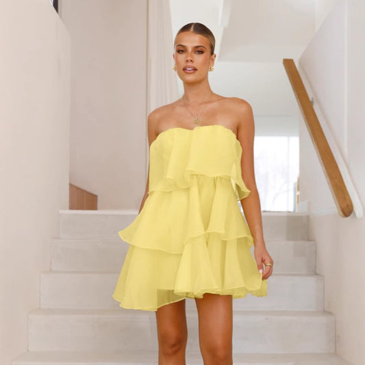 Summer Tube Top Dress - Backless Tiered Party Dress with Ruffle Details Yellow