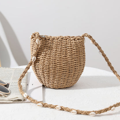 Cute Straw Bag Women Single Shoulder Crossbody Shell Straw Bag Woven Bag All Match Seaside Vacation Beach Bag