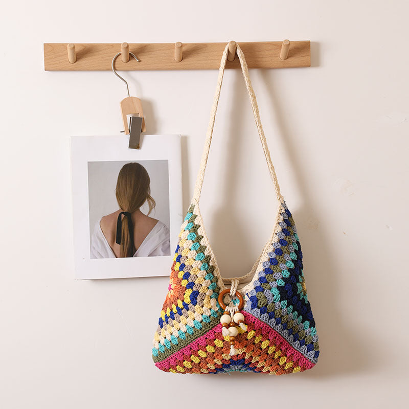 Ethnic Single Shoulder Cotton Thread Woven Bag Color Grandmother Grid Straw Bag Vacation Beach Bag Women Bag One Size Cotton Thread V-Shaped Grandmother Plaid