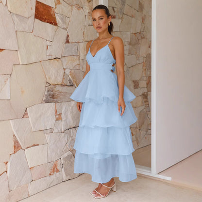 Sexy Backless Spaghetti Straps Cake Pleated Lace up Evening Party Dress Slim Fit Dress Women Blue