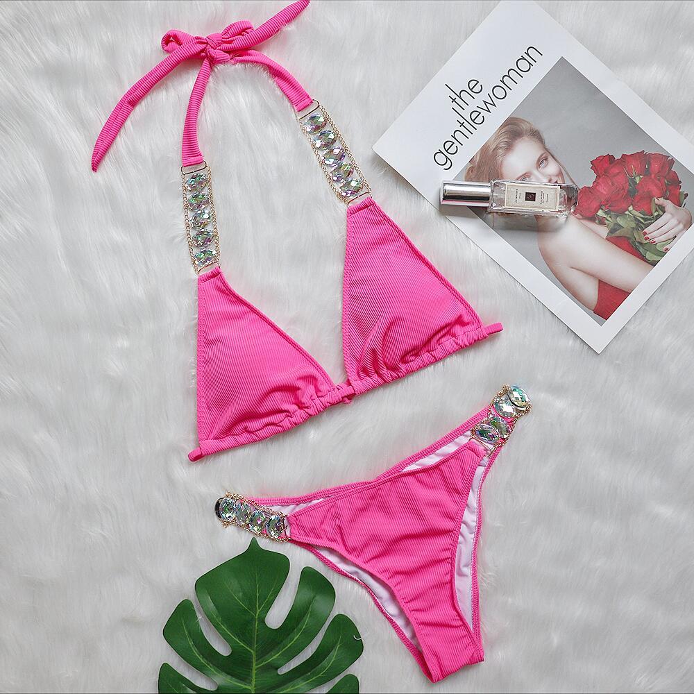 Bikini Plain Women Split Strap Luxury Diamond Swimsuit Sexy Metal Chain Accessories Swimwear Coral Red