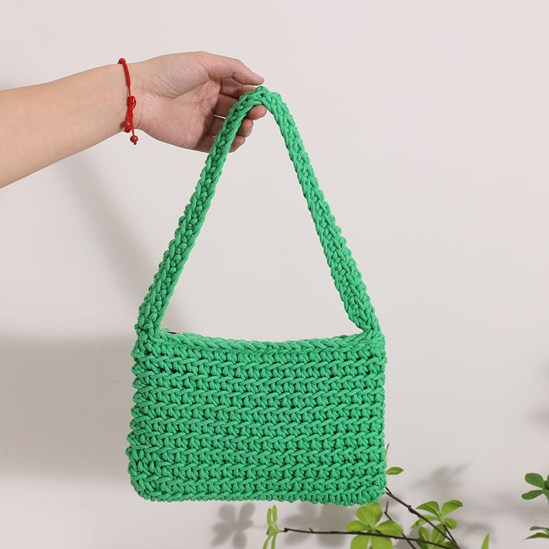 All Match Shoulder Cotton Thread Woven Bag Fresh Square Underarm Bag Straw Bag Solid Color Office Handbag Women One Size Cotton Thread Shoulder Green
