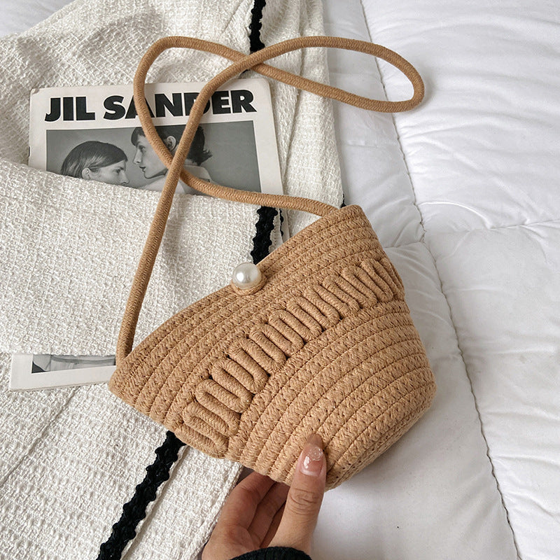 Crossbody Straw Bag Cotton Thread Woven Bag Mobile Phone Change Key Case Hollow Out Cutout Cotton Thread Woven Bag Casual Cute Women One Size Pearl Small Horn Brown