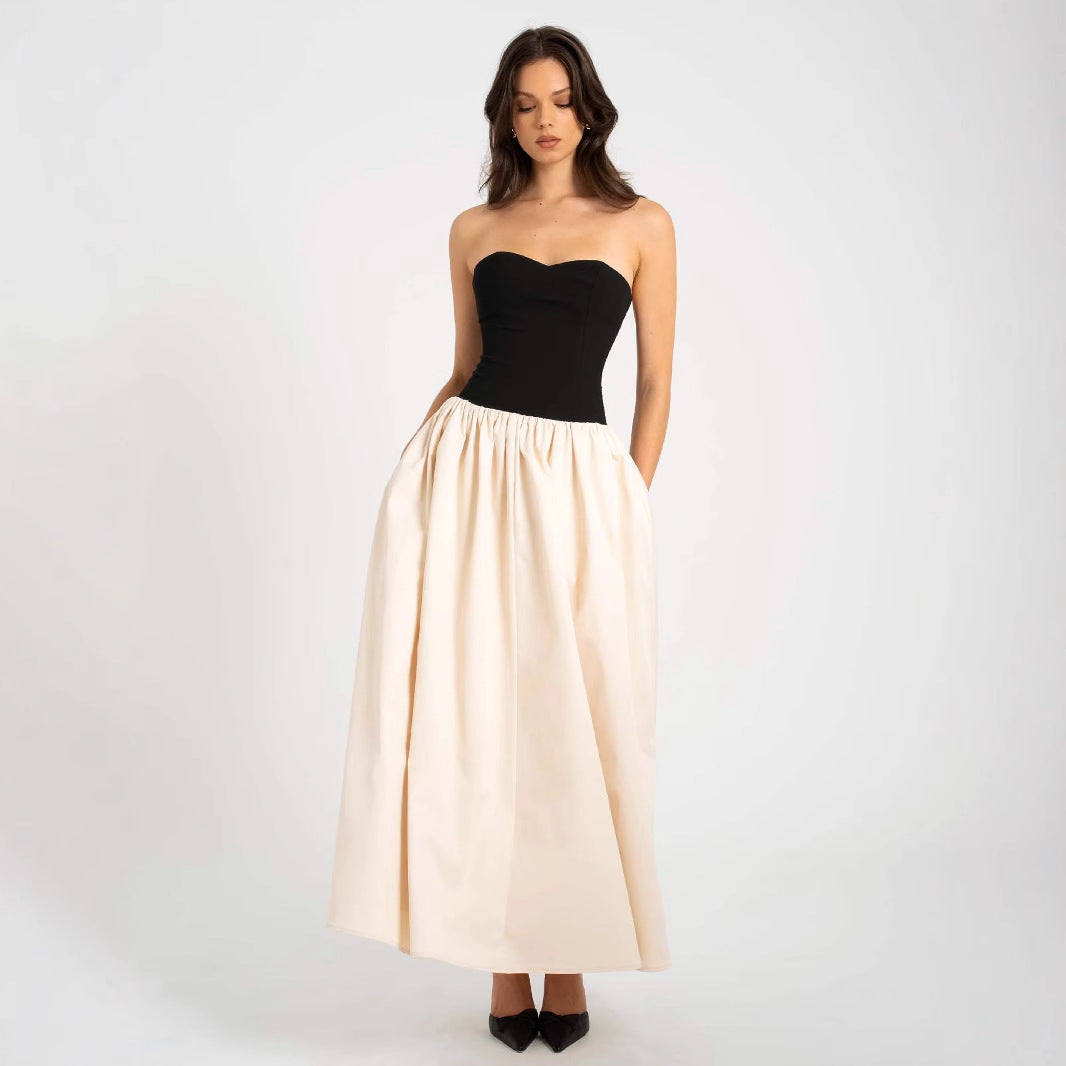 Summer Color Contrast Tube Top Sleeveless Dress Women Clothing Black