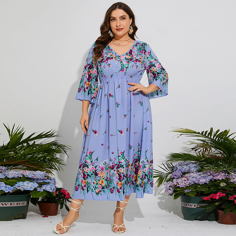 Plus Size Spring Dress Floral Chiffon Elastic Waist Flare Sleeve Vacation Dress Purple