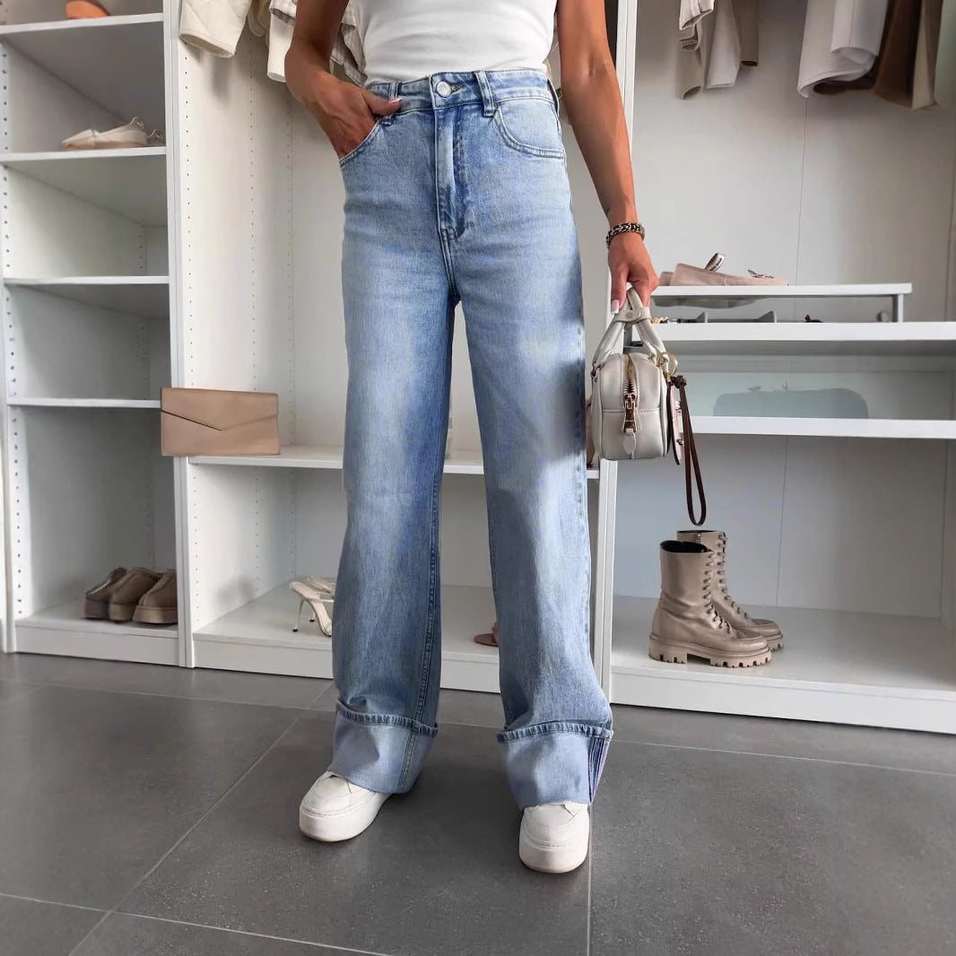 Ladies Micro Elastic Denim Back Foot Straight Slim Wide Leg Trousers