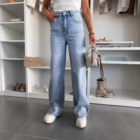 Ladies Micro Elastic Denim Back Foot Straight Slim Wide Leg Trousers