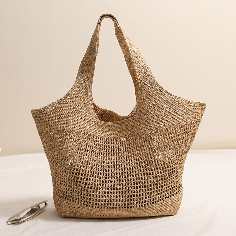 Large Capacity Raffia One Shoulder Straw Bag Hollow Out Cutout Straw Bag Woven Bag Seaside Vacation Beach Bag