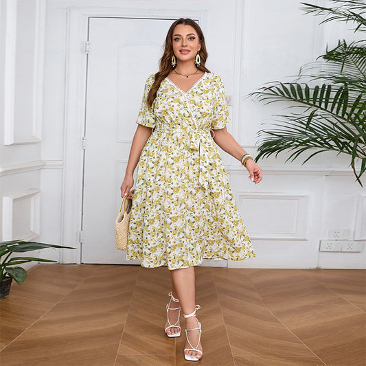 Plus Size V neck Lace Floral Dress Printed Summer Mid with Pockets
