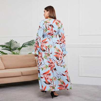 Plus Size Spring Autumn Waist-Controlled Large Hem Maxi Dress V-neck Plant Floral Print Maxi Dress