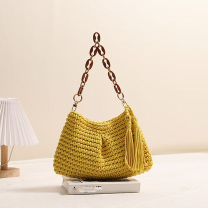 Underarm Cotton Thread Woven Bag Tassel One Shoulder Straw Bag Vacation Beach Bag Niche Women Bag One Size Clip Tassel Yellow