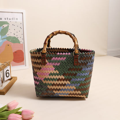Retro Color Portable Straw Weaved Bag Square Hand Woven Bag Vacation Beach Bag Women Bag One Size Pp Color Matching Bamboo Handle Coffee Small