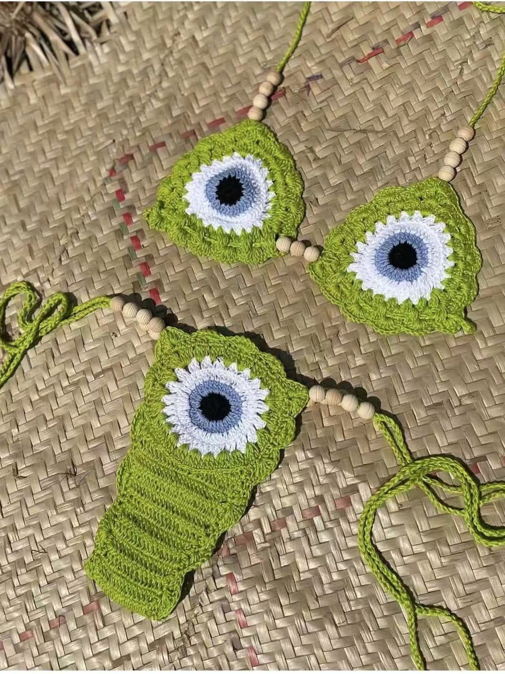 Women Beach Sexy Bikini Hand-Woven Split Swimsuit Green