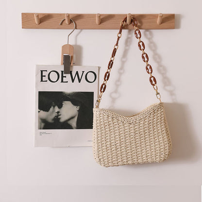 Fresh Purple Straw Bag Woven Bag Women Bag Shoulder Solid Color Straw Bag Seaside Vacation Beach Bag One Size New Year Crescent Rice