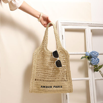 Summer Straw Woven Bag With Lace Up Pattern Suitable For Women Beach Vacation Beach Bag