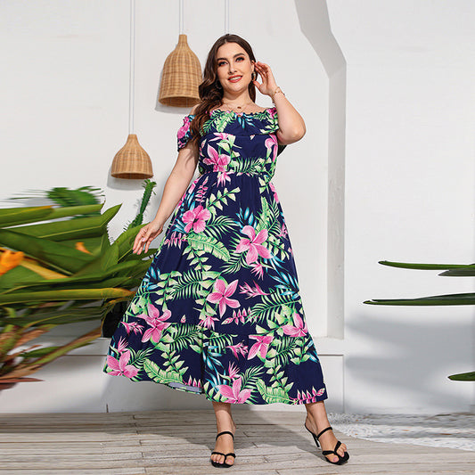 Plus Size Beach Holiday Long Beach Dress off the Neck Tube Top Color Printed Dress