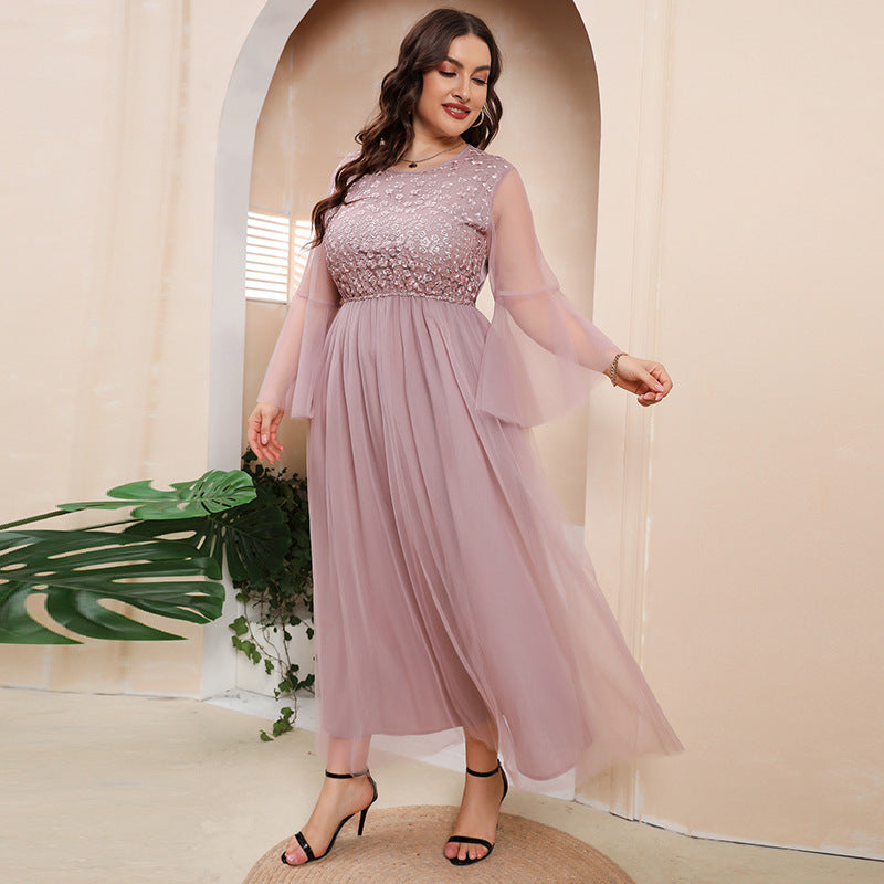 Plus Size Mesh Long Sleeve Dress Evening Dress Women Plump Girls Cocktail Party French Midi Dress