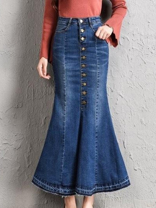 Women Multi Buckle Hip Fishtail Denim Long Skirts