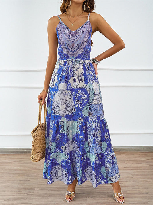 Summer Dress Sexy Strap Backless Loose Print Dress Blue