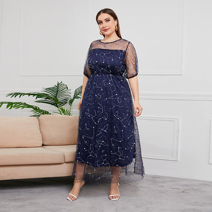 Plus Size New French Hepburn Dress Women Mesh Banquet Party Maxi Dress Prom Dresses