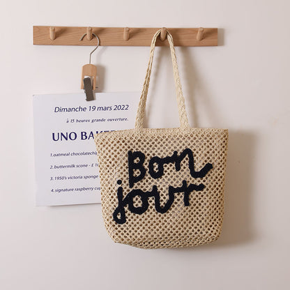 Letter Graphic Embroidery Woven Bag All Match Shoulder Hollow Out Cutout Straw Bag Vacation Beach Bag Women Bag One Size Letter Shoulder Beige Blue
