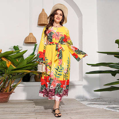 Plus Size Printed Long Sleeve Dress High Waist Lace up Vacation Swing Maxi Dress Yellow