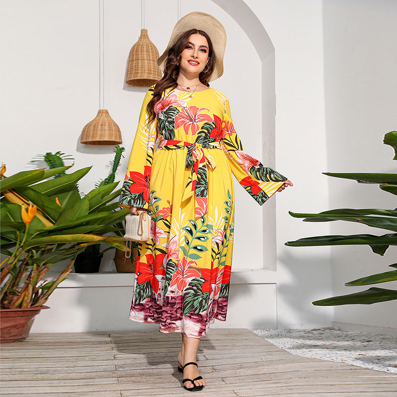 Plus Size Printed Long Sleeve Dress High Waist Lace up Vacation Swing Maxi Dress Yellow