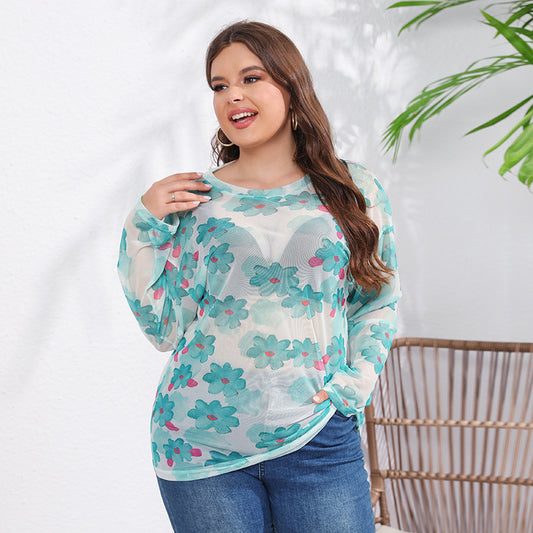 Women Lightweight Casual Printing round Neck Long Sleeve Top Ice Silk Net Yarn Cool T shirt