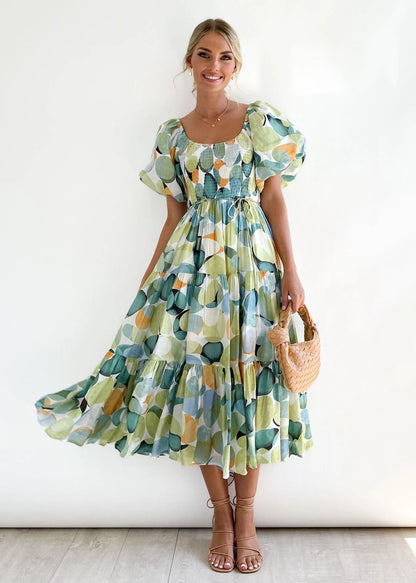 Holiday Sexy Slim Fit Backless Large Swing Dress off-Neck Printed Dress Summer Green round