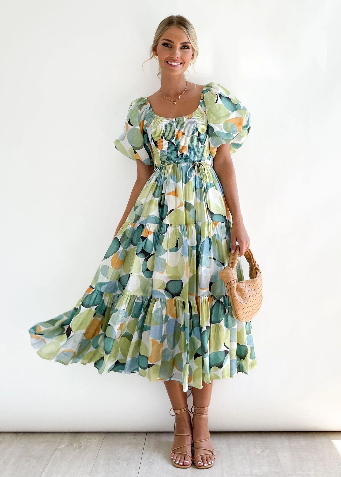 Holiday Sexy Slim Fit Backless Large Swing Dress off-Neck Printed Dress Summer Green round