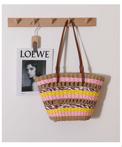 Hollow Out Cutout Straw Bag Vintage Stripe Portable Straw Bag Woven Bag Seaside Vacation Beach Bag Shoulder Bag One Size Striped Color Matching Hollow out Pink without Lining